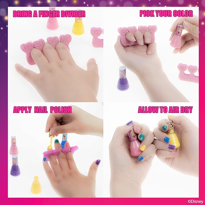 Townley Girl Disney Princess Water Based Peel Off Quick Dry Nail Polish with Nail Separators Gift Kit Set for Kids Girls 14 Pc Set Perfect for Parties, Sleepovers and Makeovers