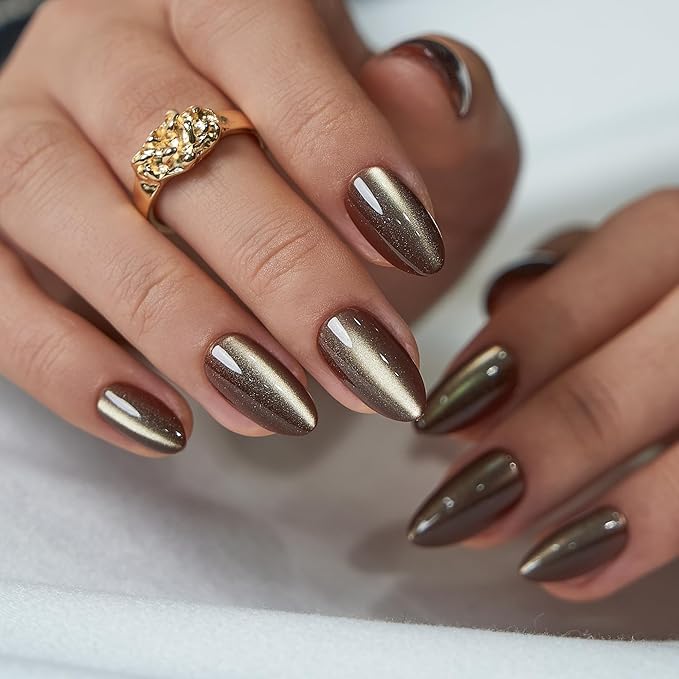 CurvLife Press On Nails Medium Almond, Reusable Soft Gel Fake Nails, Bronze Moca Cat Eye Metallic Glue On Nails with Adhesive Tabs, Salon Quality Natural Fit for Women Girls