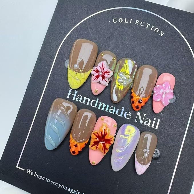 Handmade Press On Nails - Luxury Medium Almond Acrylic Nails with 3D flowers & Rhinestone Reusable Fake Nails, Elegant French Tip Contrast Color Design Nail Art for Women(10PCS)