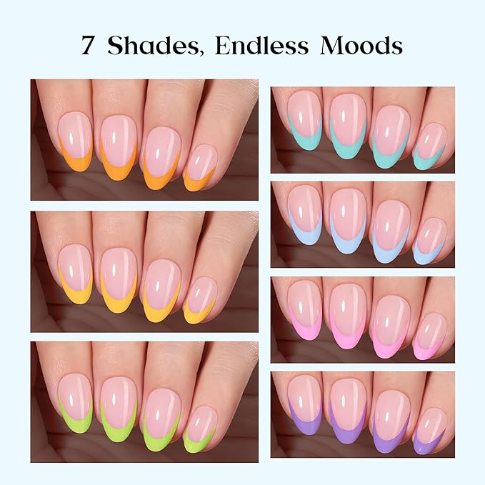 Beetles Summer Press On Nails 224 Pcs 7 Colors, French Tip Nails Short Almond Classic Fake Nail Tips, Rainbow Soft Nail Gel False Nails Art DIY For Women