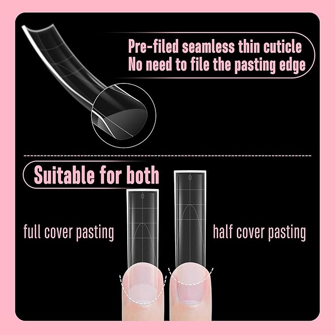 NOVO OVO Halloween XXL Slightly Curved Sharp Square Nail Tip, Extra Thick Natural Curve False Nails Press on, Full Cover Soft Gel Extension Fake Nail Acrylic French Tip Auxiliary Line x 15 Size 240pc