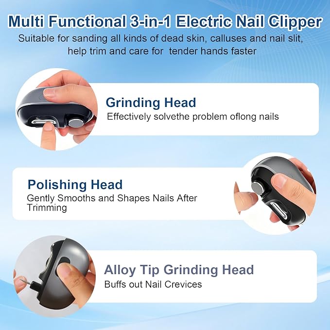 Electric Nail Clippers for Seniors,Smart Nail Clippers 2026 New 3 in 1 Electric Toenail Clipper with Polishing and LED Light,Smart Toenail Clipper 2 Adjustable Speeds for Adults,Baby (Grey)