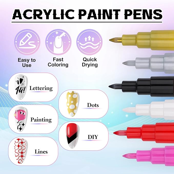 Kalolary 6 Color Nail Art Pens Set, Nail Polish Pens 0.7MM Fine Tip Acrylic Paint Pen Nail Art Markers Quick-Dry Nail Art Tools for Dotting Drawing Painting DIY Nail Art Beauty Manicure（I）