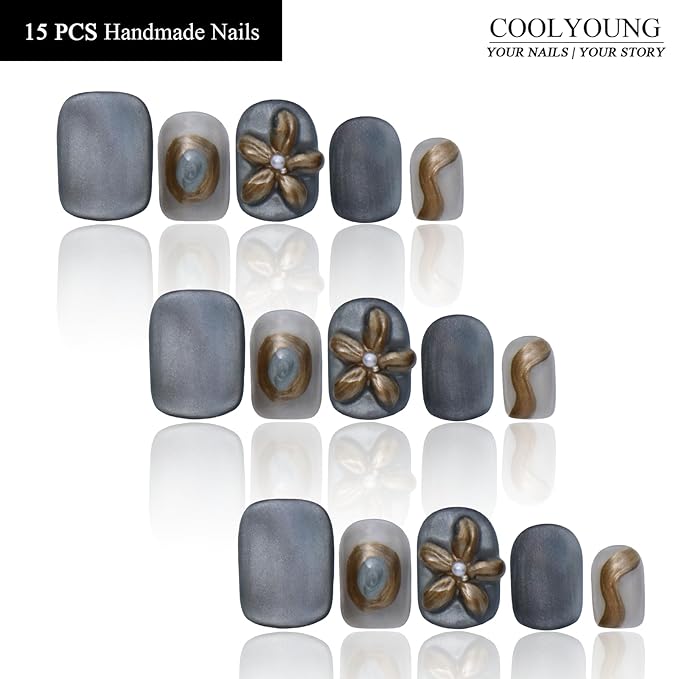 Handmade Press On Nails Cute Flower Nails 3D Blue Press On Nails With Designs Acrylic Nails COOLYOUNG Nails, Size M