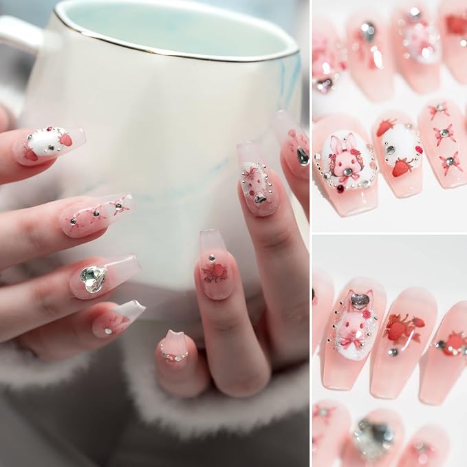 Sun&Beam Nails Handmade Long Coffin Ballerina Pink False Nail Tips with Cute 3D Diamond Popular Charm Design Press On Nails 10 Pcs (#72 XS)