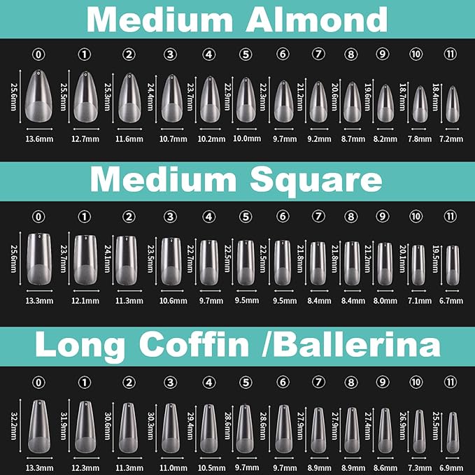 3 Shapes Soft Gel Nail Tips Almond Square Coffin Kit, Pre-buff Inner & Full Matte Surface Acrylic Etch X False Nail 12 Sizes 360Pcs, Clear Press On Nails for Extension Manicure Daily Nail Art, BlueZOO