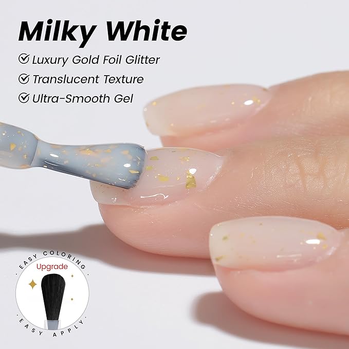 YTD Likomey Nude Gel Nail Polish,15ml Milky White Gold Foil Translucent Neutral Jelly Sheer Gold Flakes Glitter Salon Home DIY Nails Art Manicure UV Nail Gel Varnish,LS10