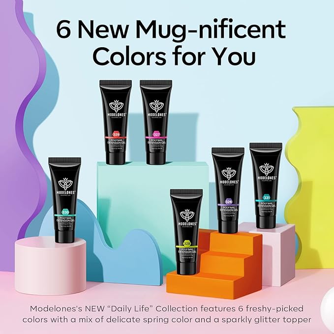 Modelones Poly Nail Gel Set, 6 Colors Forever Young Collection Turquoise Purple Blue Neon Yellow Hot Pink Poly Extension Builder Gel Nail Spring Hot Summer French Manicure DIY