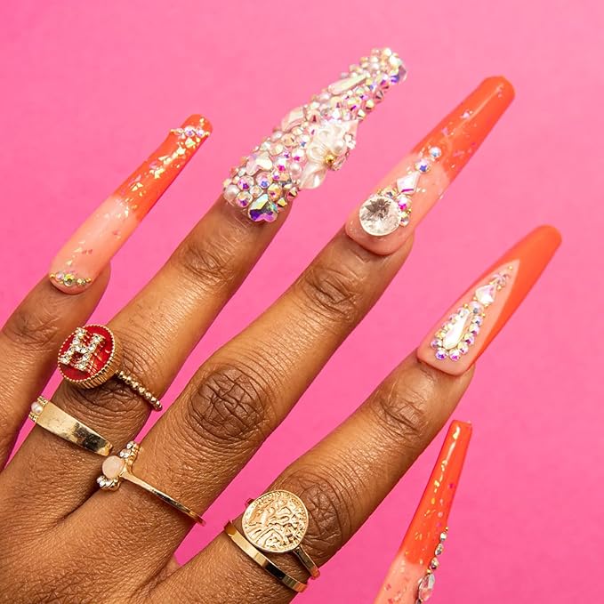LOVFUL Press on Nails Sleeping Beauty | Handmade with Full Covered Crystals | Reusable Full Cover Nails | Coffin Long 2.2 in | H74-S