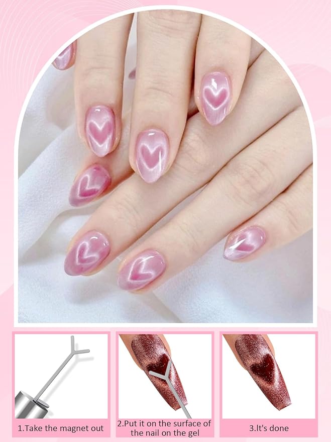 TOROKOM Cat Eye Magnetic for Nails, 54PCS 3-in-1 Cat Eye Gel Nail Polish Magnet Tools Powerful Set Multiple Style Nail Magnets French Heart Beads Nail Art Tools for Nail Art Designs