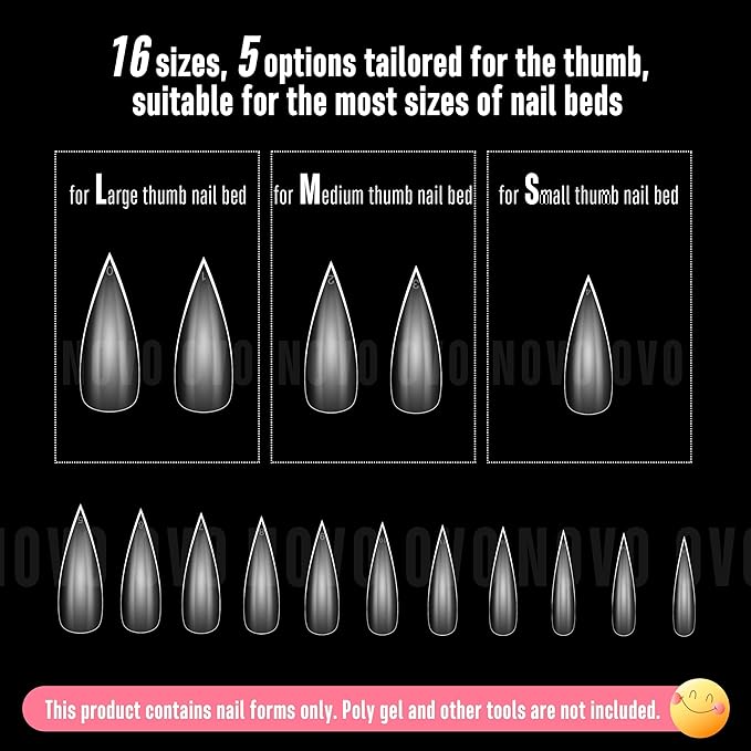 NOVO OVO Sharp Stiletto Pointed Medium Long Nail Tips Press on, Extra Thick Soft Gel Double Matte Clear Fake Nail Extension, Full Cover False Nails for Salon DIY x 16 Sizes 480 pcs