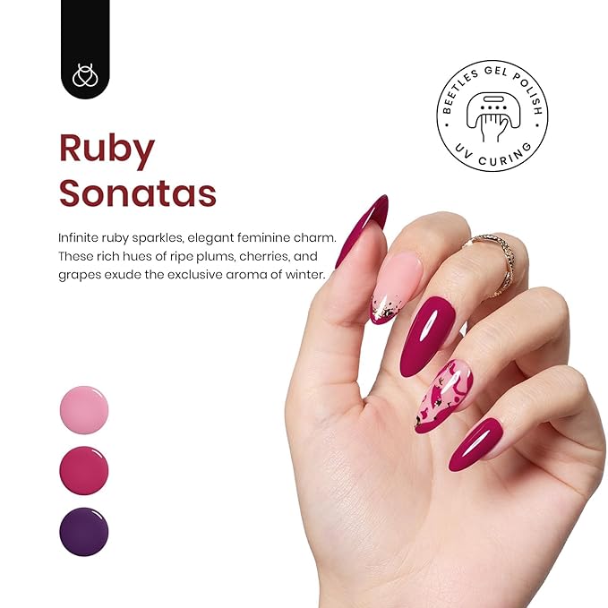 Beetles Gel Nail Polish, 6 Colors Pink Purple Burgundy Red Plum Glitter Gel Polish Ruby Sonatas Collection, Soak Off Uv Lamp Cured Nail Art Design Nails Valentines Gift for Women DIY Manicure