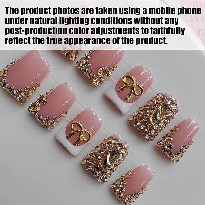 Duck Press on Nails Handmade Fake Nails Pink with Rhinestones and Bow Design for Women 10pcs M Size Pattern 1102