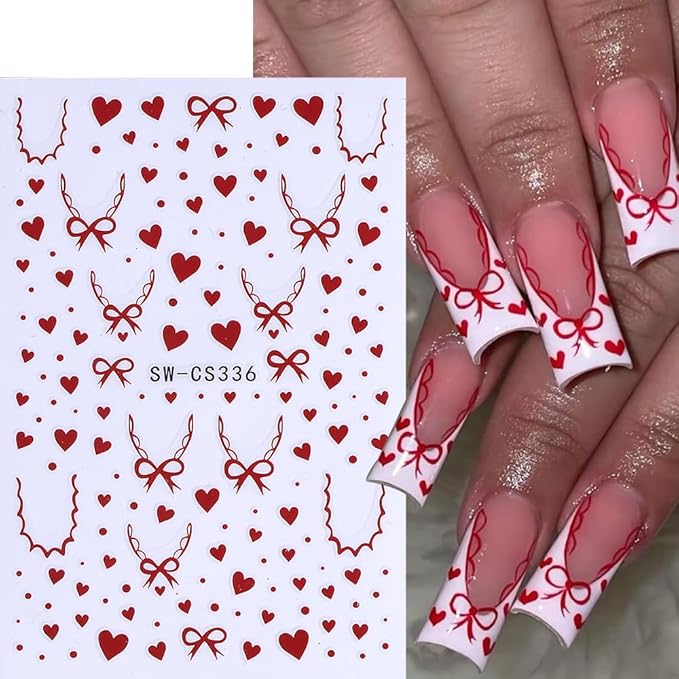 Valentines Nail Art Stickers Decals 12PCS Romantic Heart Bow Nail Decals 3D Self Adhesive Red Pink Colorful Cherry Lips Line Nail Art Design Valentine Manicure Decoration Sticker for Women