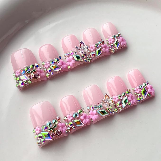 French Tip Press on Nails Handmade Short Duck 3D Floral Thick Acrylic Nails Cute False Nails with Rhinestones Flower Butterfly Designs Pink Glossy Fake Nail Sturdy Art Spring Press on Nail 10Pcs(S)