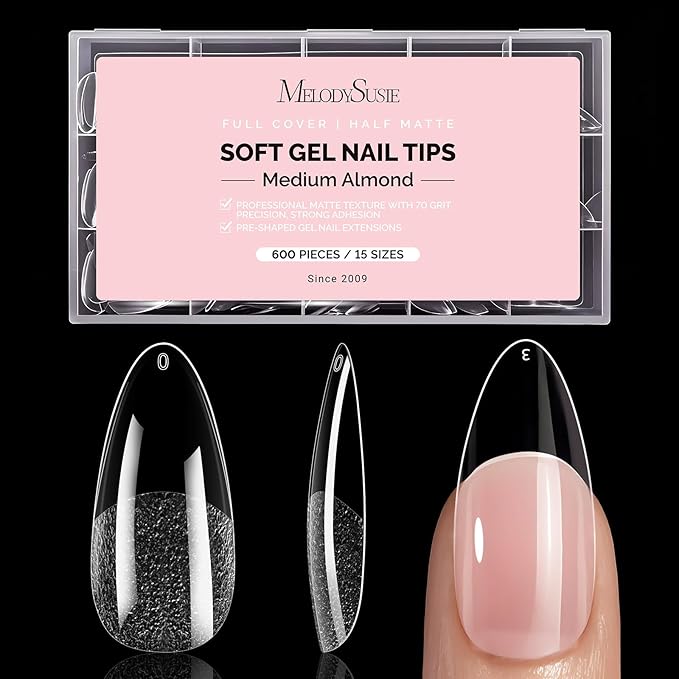 MelodySusie Medium Almond X Nail Tips - 600Pcs 15 Sizes Clear Acrylic, Half Matte Full Cover Press on Nails for DIY Extension & Salon Use, Pre-Shaped for Long-Lasting Manicure, Fall Winter Nails