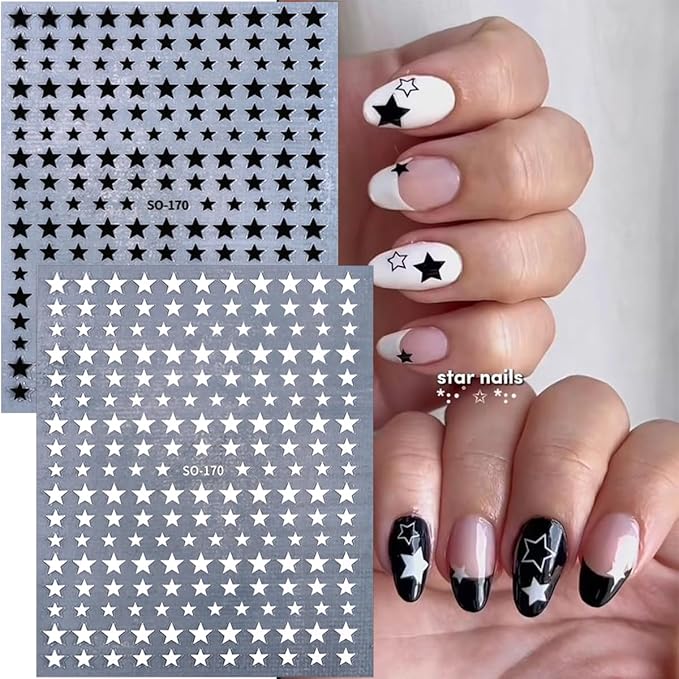 Star Nail Stickers 6Sheets Glitter Shiny Star Nail Art Supplies Black White Rose Gold Silver Nail Design Stickers Colorful Self-Adhesive Stars Nail Decals for Women Girl DIY French Manicure Decor Tips