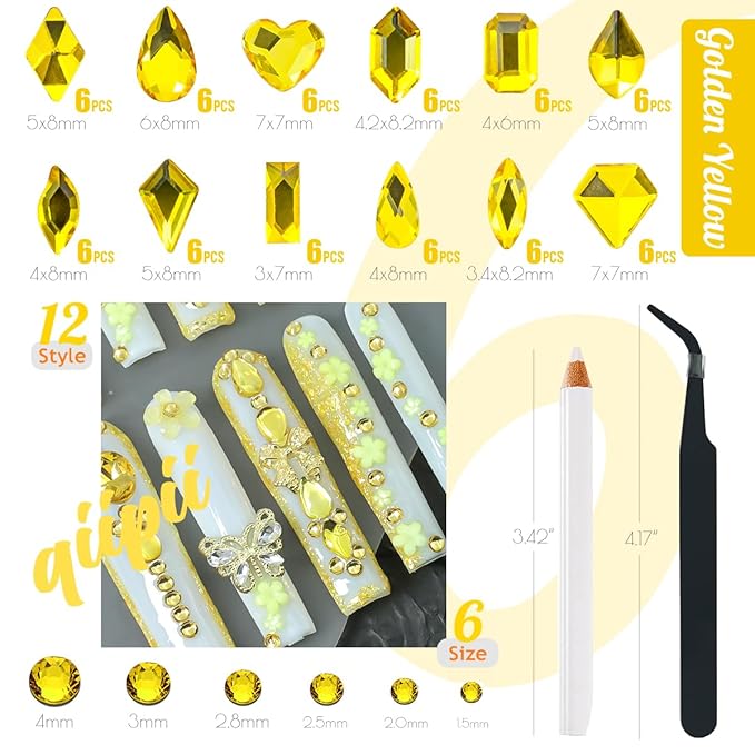 2052Pcs Golden Yellow Nail Rhinestones Kit 72 Multi Shapes Crystal Flatback Lemon Yellow Big Gems Round Beads K9 Glass Stones Diamonds jewels Charms for Nails Faces Eyes Makeup Tumblers Bottles