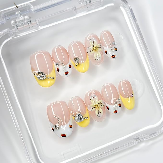 Luxury Press on Nails Medium Almond Handmade 3D Unique Reusable ABS Material Fake Nails French Tip False Nails with Designs Rhinestones Floral Art Petal Glossy Glue on Nails Thick Acrylic Nails(S)