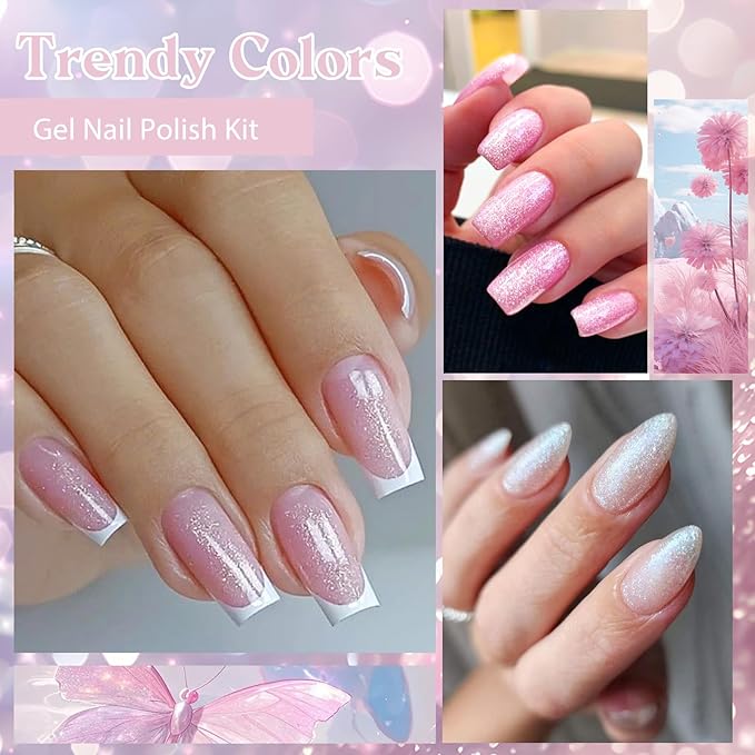 MEET ACROSS 6Pcs Gel Nail Polish with Glitter Gel Top Coat, Nude Pink Neutral Color Skin Tone Soak Off UV/LED Gel Polish Manicure Gift For Women 5 Colors