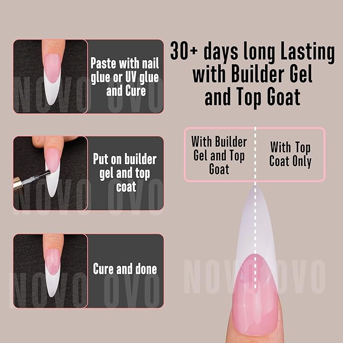 NOVO OVO Halloween XXL Curved Stiletto Almond French Tip Nail Tips, Soft Gel Extra Thick Long Acrylic Hawk Curve Fake Extension, Need Builder Gel & Top Coat, Full Cover Press on DIY 12 Sizes 240 pcs