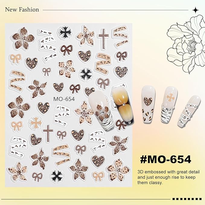 6 Sheets Leopard Print Cross Nail Stickers for Nail Art, Coquette Nail Decals,Leopard Flower Star Heart Butterfly 3D Self-Adhesive Nail Art Stickers Design for Women DIY Manicure Decoration YX1228