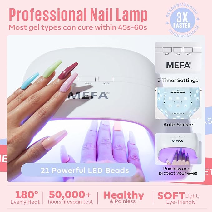 MEFA 60 Pcs Gel Nail Polish Kit with U V Light, 32 Colors Popular Soak Off Nude Pink Red Gel Polish Nail Set with Matte/Glossy Gel Top Base Coat Manicure Tools Nail Art Decorations DIY Salon