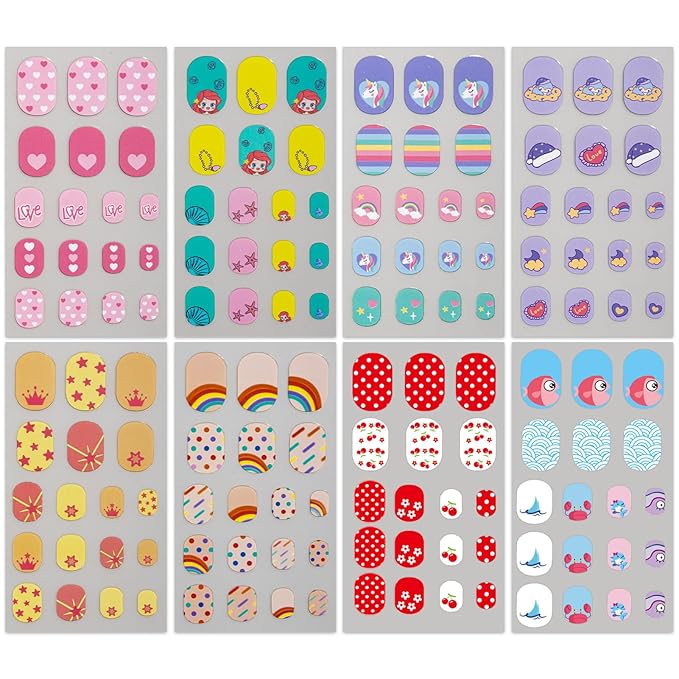 Nail Stickers for Kids - Self-Adhesive CuteNail Wraps, 3D Unicorn, Fruit, Animals, Star DIY Designs Nail Art Decals for Little Girls, Toddler (8 Sheets)