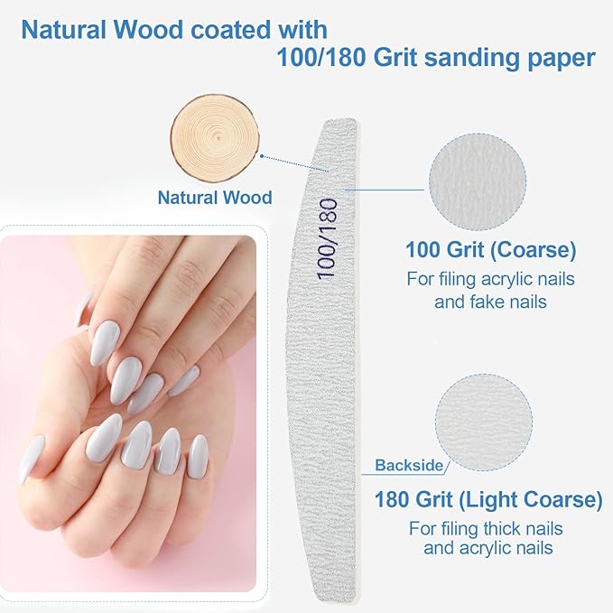 Nail Files (12 Pack), 100/180 Grit Wooden Emery Board Nail File Double Sided Wood Emory Fingernail Files for Natural Nails Professional Reusable Manicure Pedicure Curved