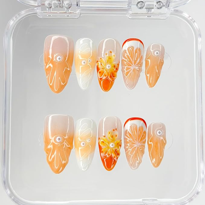 Luxury Press on Nails Medium Almond Handmade 3D Unique Reusable ABS Material Fake Nails Orange False Nails with Designs Pearls Floral Art Petal Glossy Glue on Nails Thick Acrylic Nails(M)