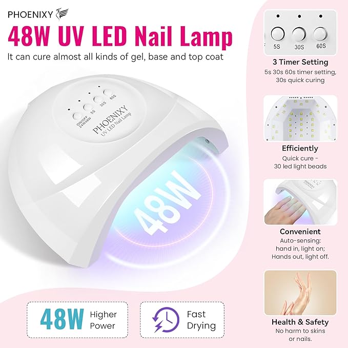 PHOENIXY 51 Pcs Gel Nail Polish Kit with U V Light, 40 Pcs Gel Polish with 5 Pcs Base Top Coat Manicure Starter Nail Polish Set Gifts for Women ST9016