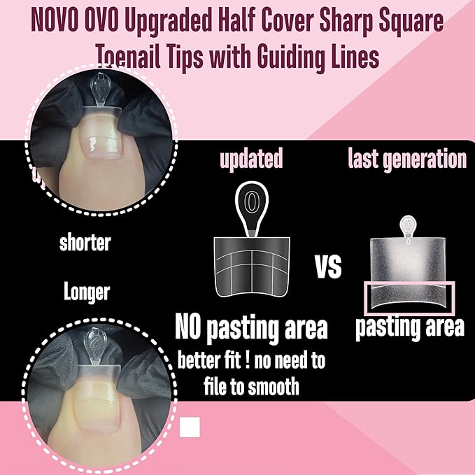 NOVO OVO Upgraded Flexible Half Cover Soft Gel Fake Toe Nail Tips with Auxiliary Line for Toenail Extension, Sharp Square Medium Wide for Men Women Acrylic pedicure in Salon x 15 Sizes 240 Pcs