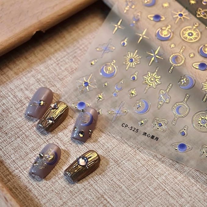 Star Moon Nail Stickers 5D Embossed Purple Moon Nail Decals 3D Self-Adhesive Gold Star Nail Supplies Sun Nails Designs Sky Universe Nails Decoration for Women Manicure 1 Sheet