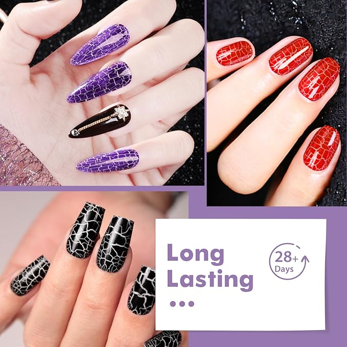 MTSSII Crackle Gel Nail Polish Set, 12pcs, 8 Colors + White Silver, Base Top Gel, Air Dry UV Lamp Needed