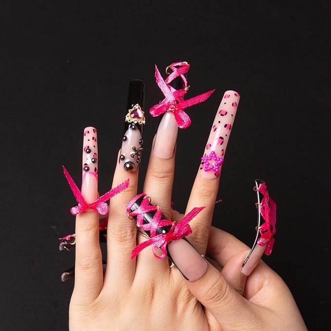LOVFUL Press on Nails the Sweet Guardian | Handmade with Full Covered Crystals | Reusable Fake Nails | Curve Long 2.2 in | H173-M