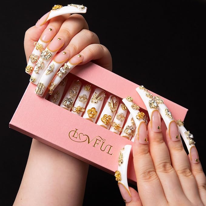 LOVFUL Press on Nails Chicago | Handmade with Full Covered Crystals | Reusable Fake Nails | Curve Long 2.2 in | H189-L