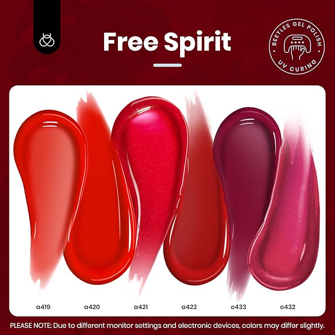 Beetles Red Gel Nail Polish Set-15ML 6 Colors Shimmer Bloody Red Burgundy Gel Polish Kit Soak Off UV Full Size Nail Art Salon Design DIY Gift for Women Colorful Bottle