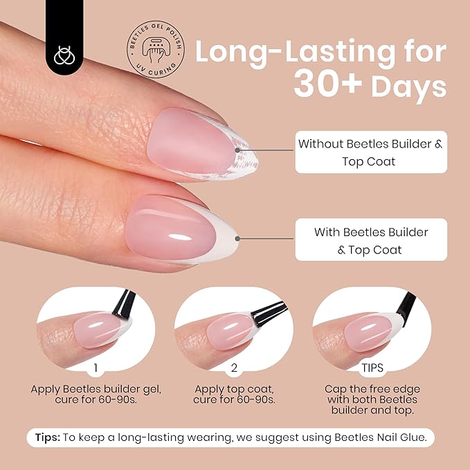 Beetles Press On Nails Square- French Tip Nails 210pcs Short Square Brown Soft Gel Nail Tips Pre-applied Tip Primer No Need File False Nails for Nail Art DIY 15 Sizes