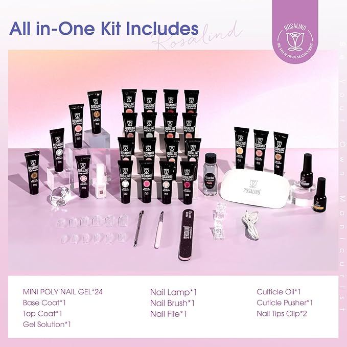ROSALIND Poly Nail Gel Kit -24 Colors + Pink Glitter with Accessories Clear Nude Poly Nails Gel Starter Kit with Mini UV Lamp Slip Solution Base Top Coat Nude Pink Extensions Set