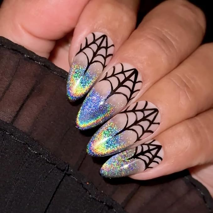 24 Pcs Halloween Gradient Press on Nails, Almond Fake Nails with Spider Web Design, Glossy Acrylic Nails, Full Cover Reusable Stick on Nails for Women Girls Nail Supplies