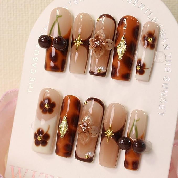 Cherry Press on Nails Thick Acrylic and Muti-Layer Gel Long Square Handmade Press on Nails 3D Flower Fake Nails wtih Design French Tip False Nails Full Cover Stick on Nail for Women Nails Decor (S)