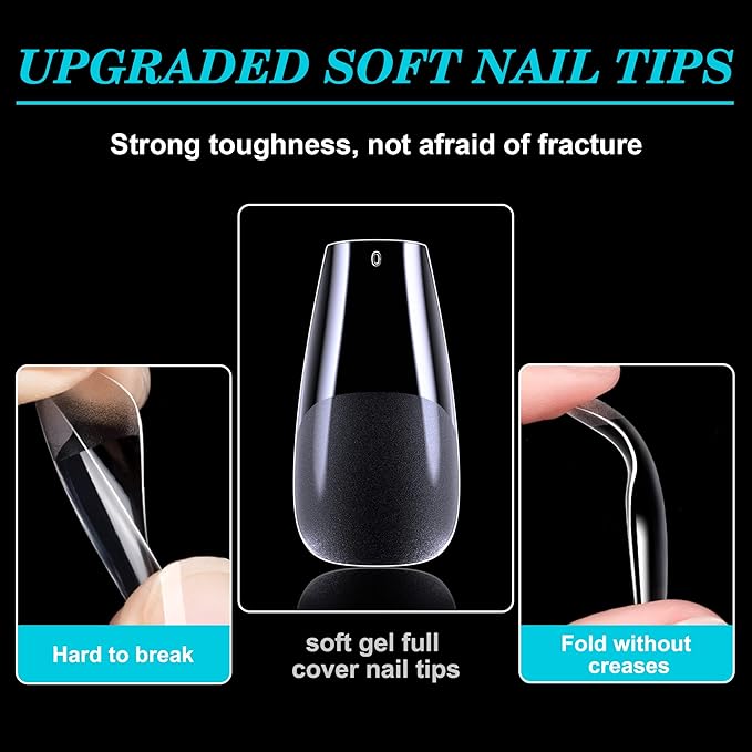 Medium Coffin Nail Tips, 552pcs Pre-Shape Fake Nails Half Matte Full Cover Acrylic Gel Nail Tips Clear Medium Coffin Press On Nails Home DIY Extension 12 Sizes