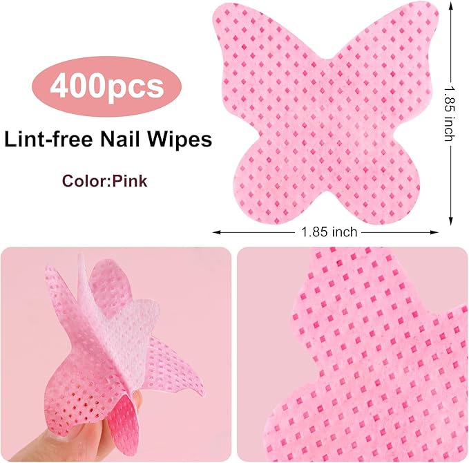 400PCS Lint Free Nail Wipes, Pink Lash Extensions Glue Cleaning Wipes, Nails Cleaning Pads Supplies,accompanied by 1 Empty Pump-Style Bottle Dispenser (Pink and White)