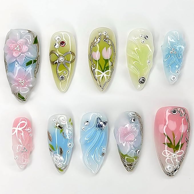 3D Flower Press on Nails Short Almond Fake Nails with Rhinestones Pearls Butterfly Bow Designs Spring False Nail Acrylic Artificial Fingernails Summer Stick on Nail for Women 30Pcs