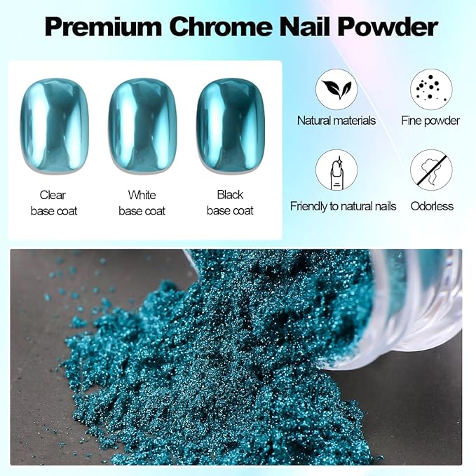 3D Gel Nail Art & Chrome Nail Powder Kit, Metallic Mirror Effect Holographic Aurora Iridescent Chrome Pigment Glitter Dust and 10g Clear 3D Sculpting Gel for DIY Nail Art (Lake Blue)