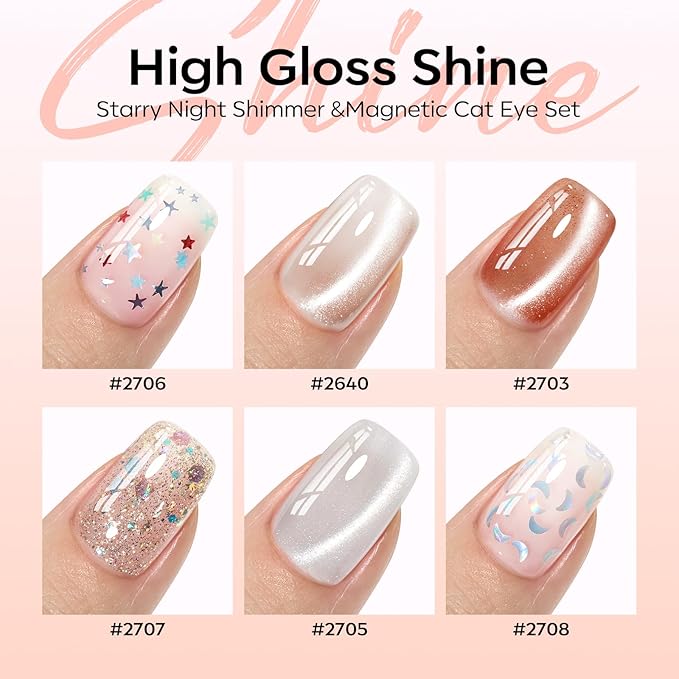 Modelones Gel Nail Polish Set, 6 Colors 2026 Nude Brown Sliver Cat Eye Gel Polish Creative Stars Moon Shape Glitter Nail Polish with Magnet& Wooden Stick All Seasons Soak Off LED Manicure Kit DIY Gift