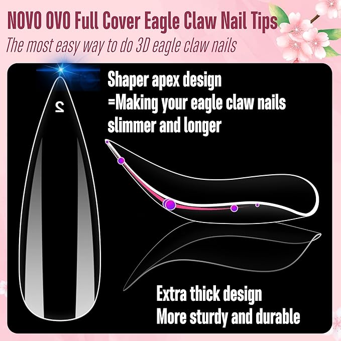 NOVO OVO Halloween Nail Tips Curved Stiletto, Clear Gel Extension kit Full Cover to Make Press on 3D Eagle Claw nails,Thick Extra Hawk Deep Curve Almond French Tips Soft False Fake 12 Size 120pc