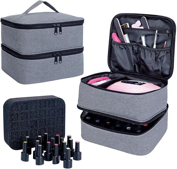 Nail Polish Organizer, Handheld Double Layer Organizer Holds 30 Bottles (15 ml/0.5 floz) with Adjustable Dividers for Nail Polish Small Manicure Lamp Manicure Tools Essential and Travel,Gray