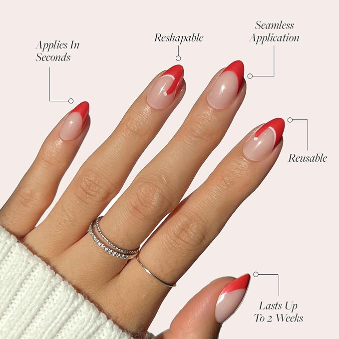 Glamnetic Press On Nails – Mrs. Claus | Short Almond Fake Nails Semi-Transparent Red French Tip Santa Hat Design, Glazed Finish, Salon Quality Holiday Nails | 15 Sizes, 30 Nail Kit
