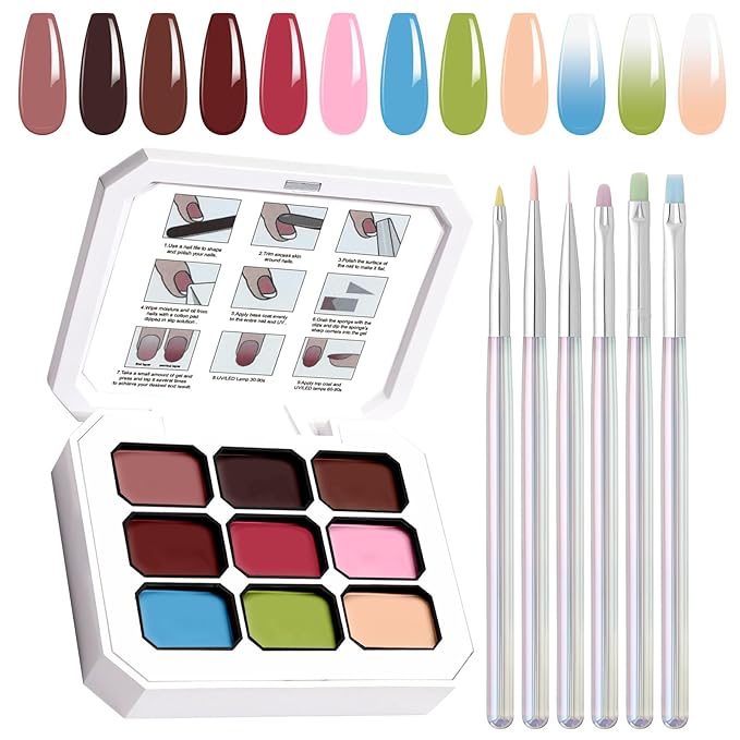 Gradient Gel Nail Set, 9 Colors Almond Ombre Gel Nail Polish with 6 Aurora Multi-Purpose Brushes for Pigment Pat Nails French Manicure Nail DIY Painting Soak Off UV Canyon Bloom